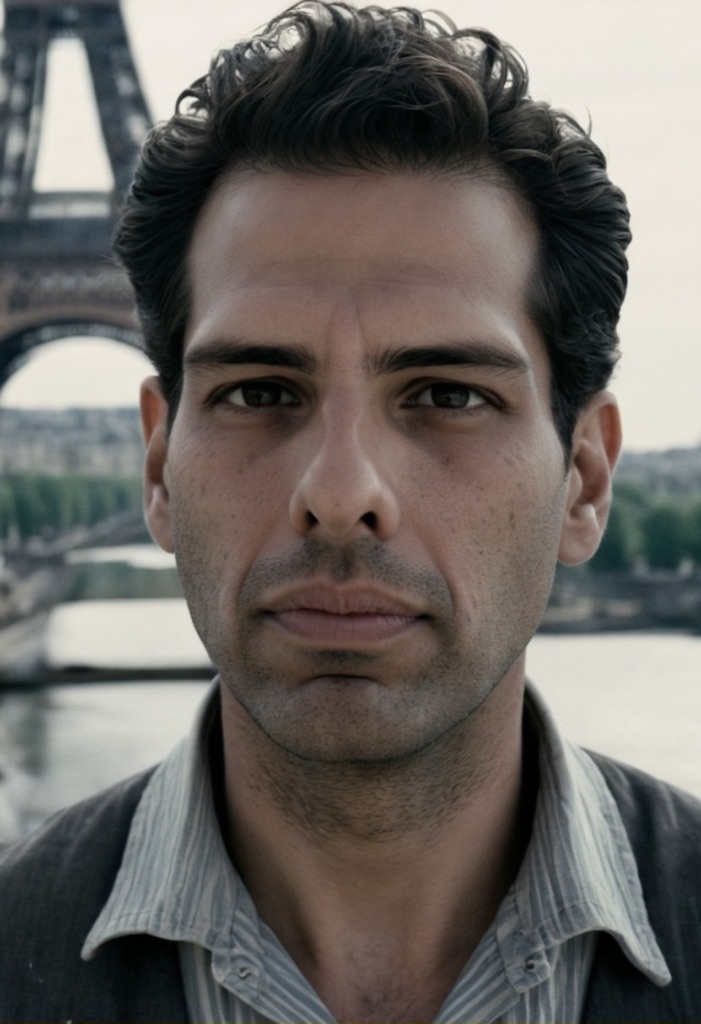 The same face as an ironworker in 1889 Paris, the tower behind him